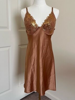 Victoria's Secret Tan & Gold Sequin Padded Chemise Womens Size L Sexy Sleepwear